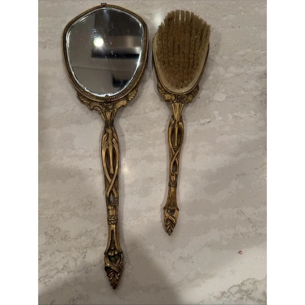 Antique Victorian Gilt Brass Vanity Set Mirror & Brush Matching Guilloché c.1900